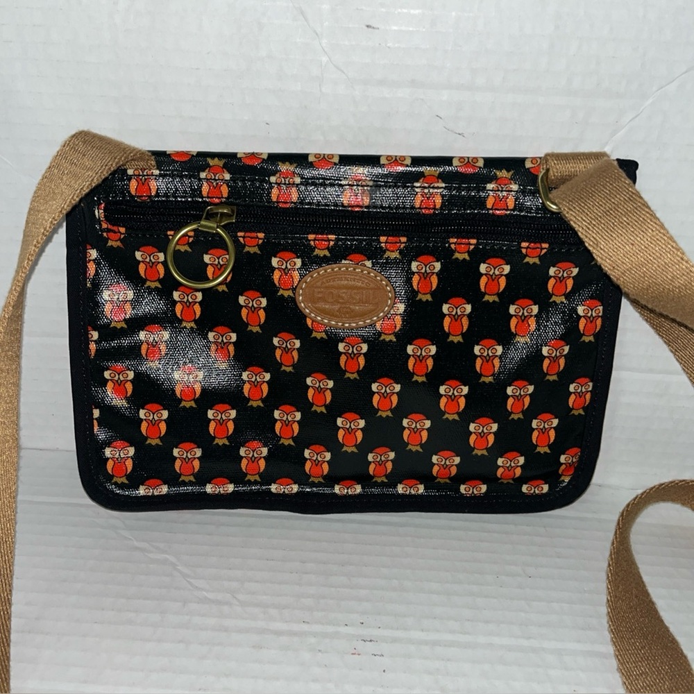 FOSSIL KEYPER MINI BLACK PINK OWL COATED CANVAS CROSSBODY HAND BAG PURSE